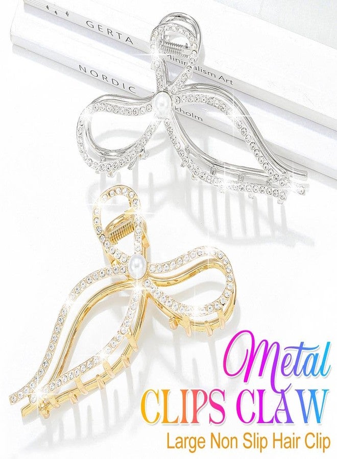 CAKURE Bow Claw Clips Gold Rhinestone Hair Clips Large Nonslip Hair Claws Sparkly Hair Accessories for Women (Pack of 2) (a-gold&silver) - Image 2